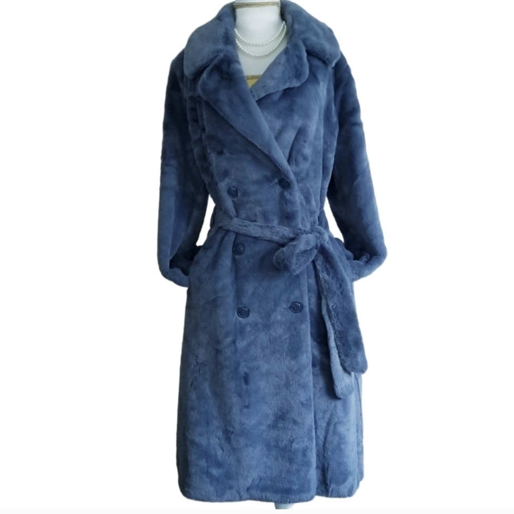 NEW UGG Lucinda Long Faux Fur Coat Plush Blue Pea Coat NWOT
